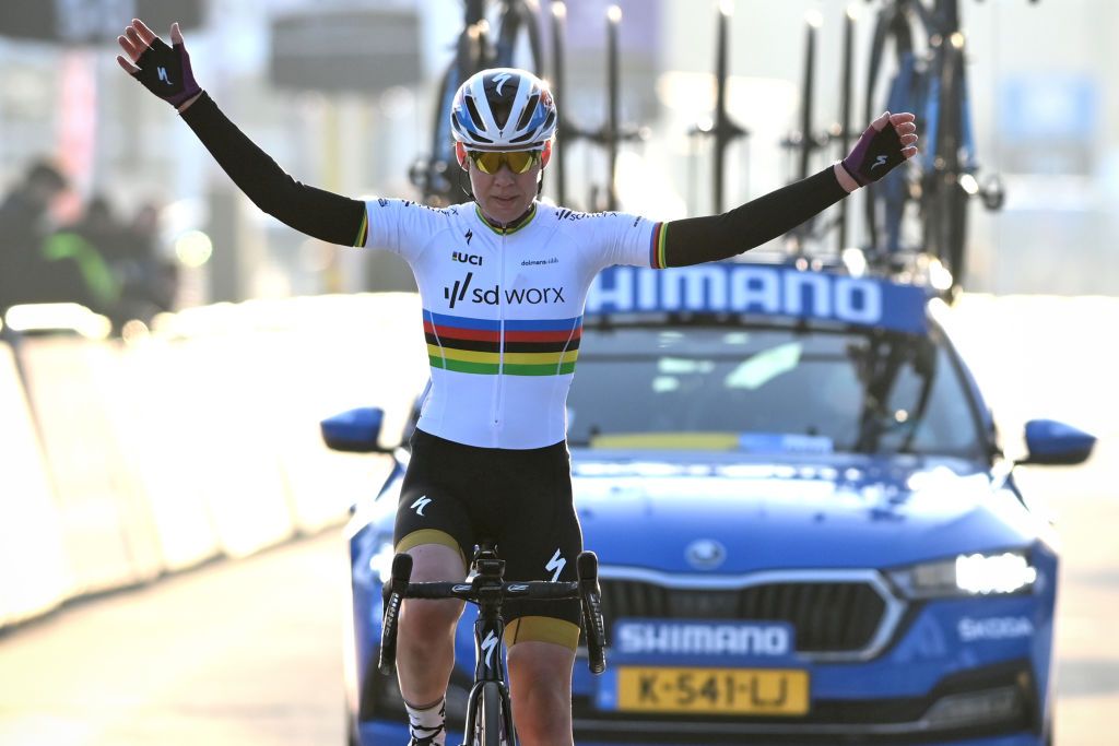 Dutch Anna van der Breggen of Team SD Worx celebrates as she crosses the finish line to win the womens elite race of the Omloop Het Nieuwsblad oneday cycling race 124km from Gent to Ninove Saturday 27 February 2021 BELGA PHOTO DAVID STOCKMAN Photo by DAVID STOCKMANBELGA MAGAFP via Getty Images