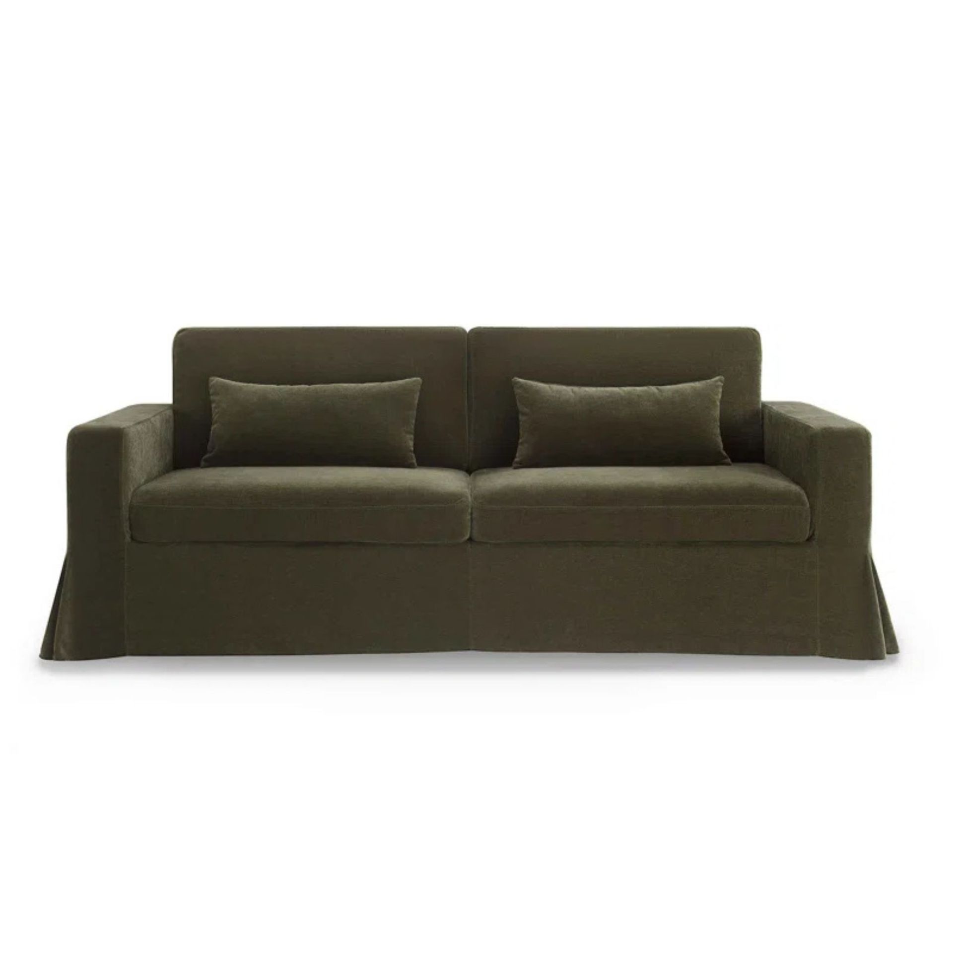 Olive green slip covered sofa