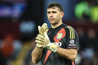 Goalkeeper Emiliano Martinez looks on while playing for Aston Villa against Southampton, 2024