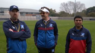 From left to right Coach Beard looking disgusted, Ted looking to his left at Beard and Nate looking confused.