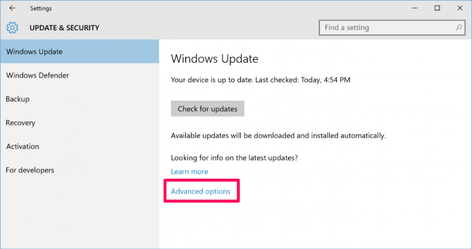 windows updates advanced options