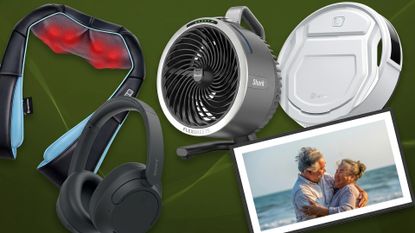 A selection of Father's Day gifts on a green background.