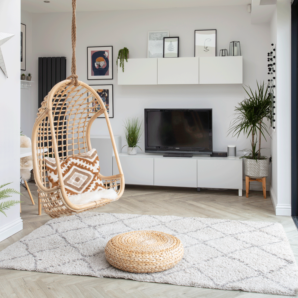 room with hanging chair and television