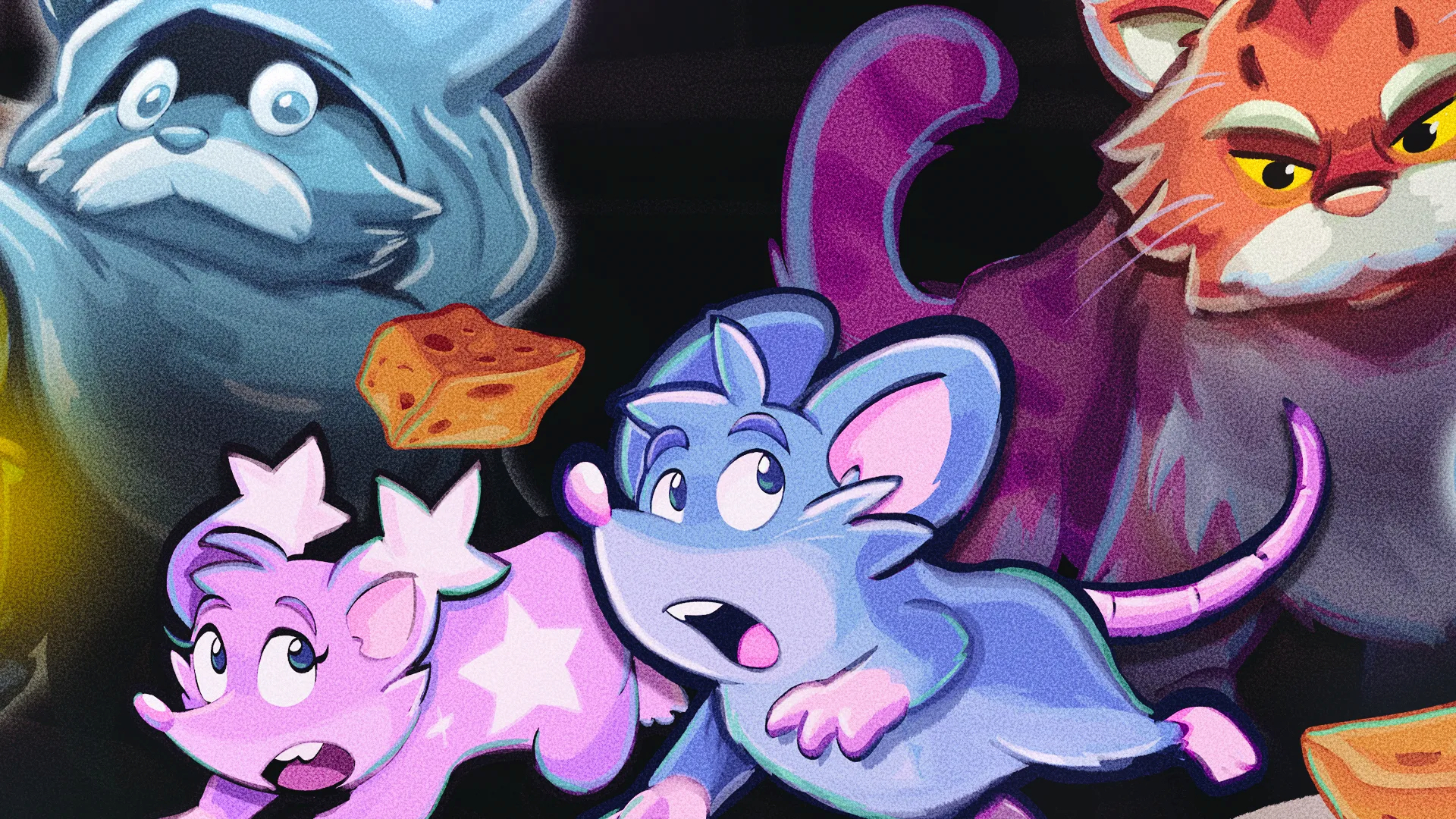 two cute mice being chased by scary cats