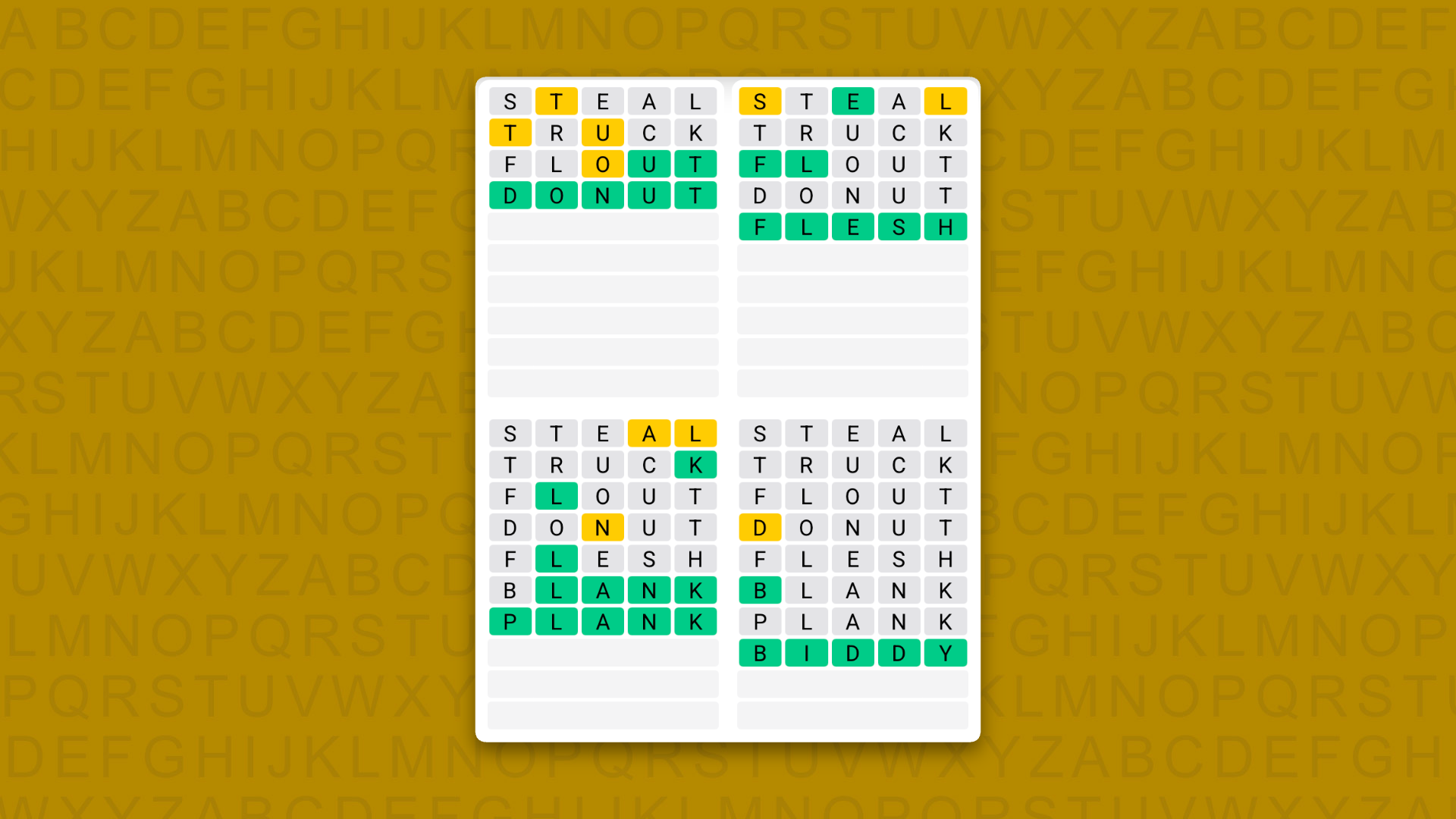 Quordle Daily Sequence answers for game 1660 on a yellow background