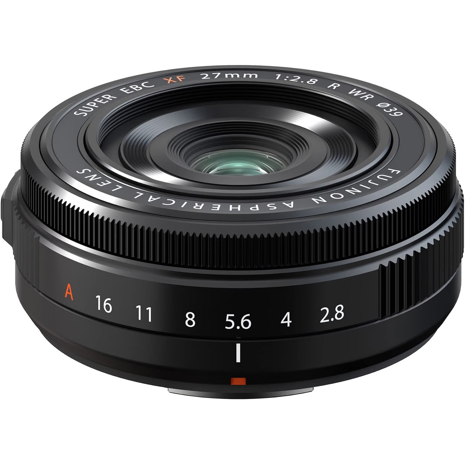 Fujifilm XF 27mm F2.8 R WR lens on a white background