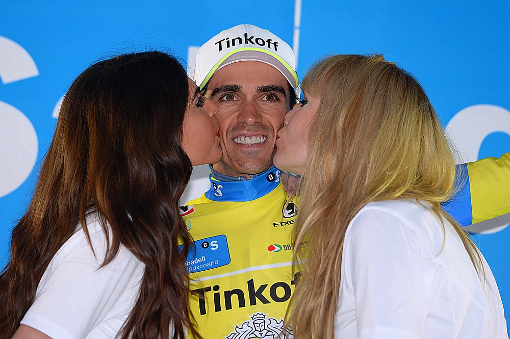 Alberto Contador (Tinkoff) gets podium kisses on the podium at Pas Vasco
