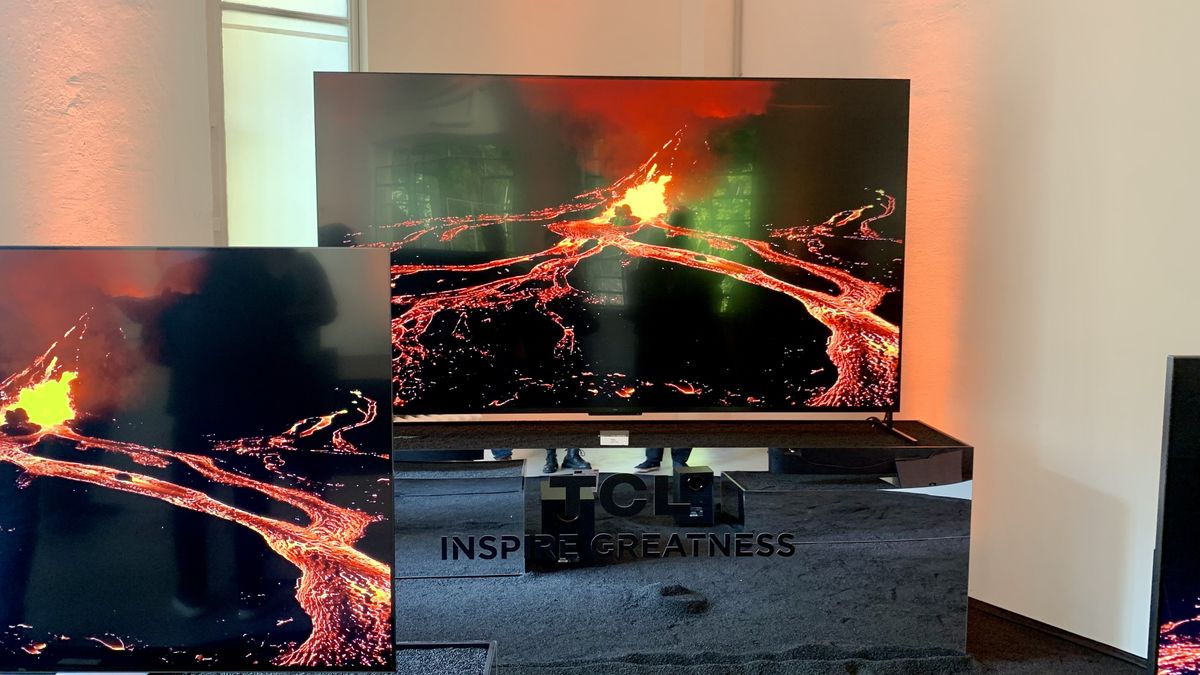 TCL C84 TV with lava-flow volcanic scene playing, at Milan Design Week