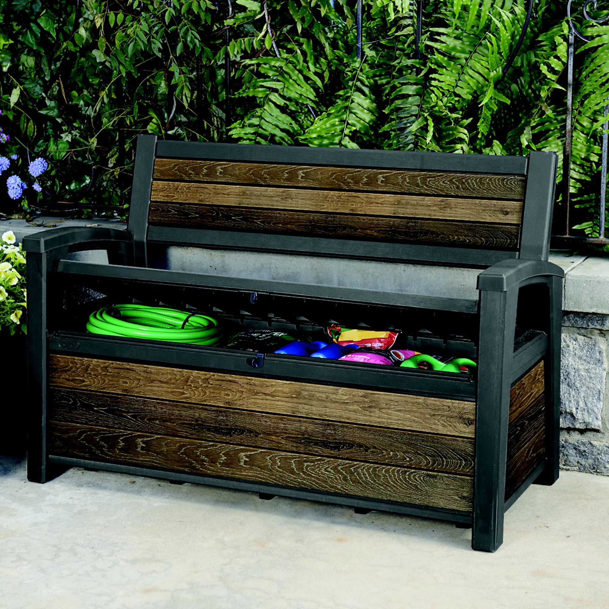 Keter Signature Brown Walnut effect Resin 133x61cm Garden storage bench box 227L