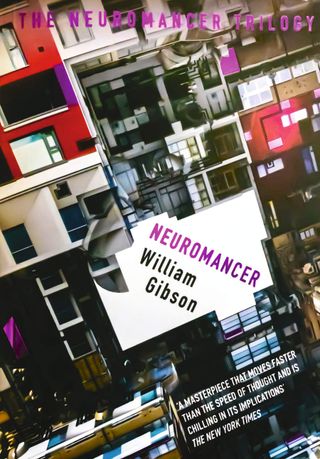 The front cover of William Gibson's Neuromancer, showing an abstract depiction of different sized buildings and windows stuck together