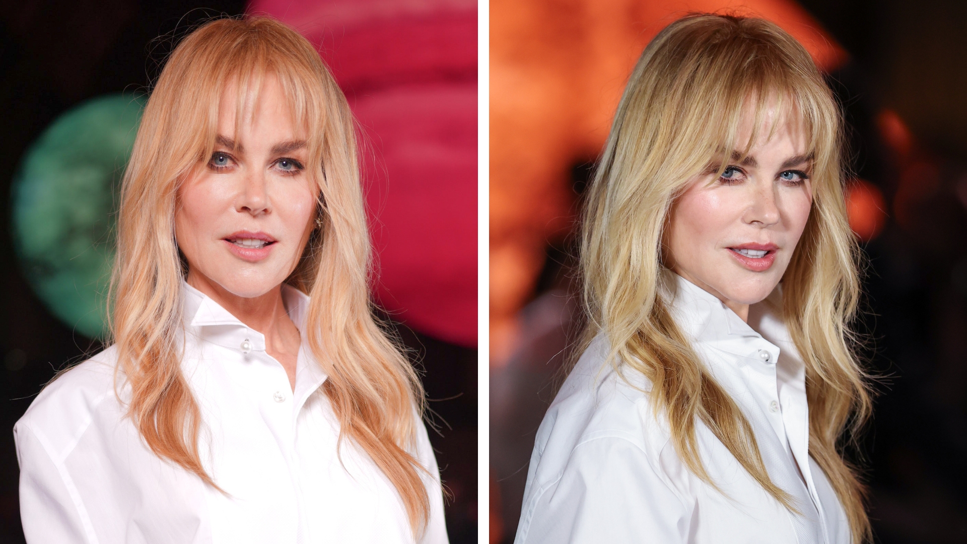 On the left, Nicole Kidman with long wavy blonde hair with a fringe and wearing a white shirt, on the right, Nicole looking over her shoulder towards the camera