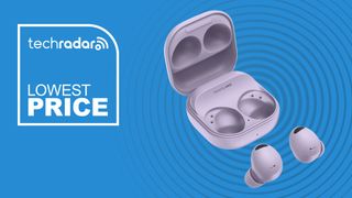 The Samsung Galaxy Buds 2 Pro in front of a blue background