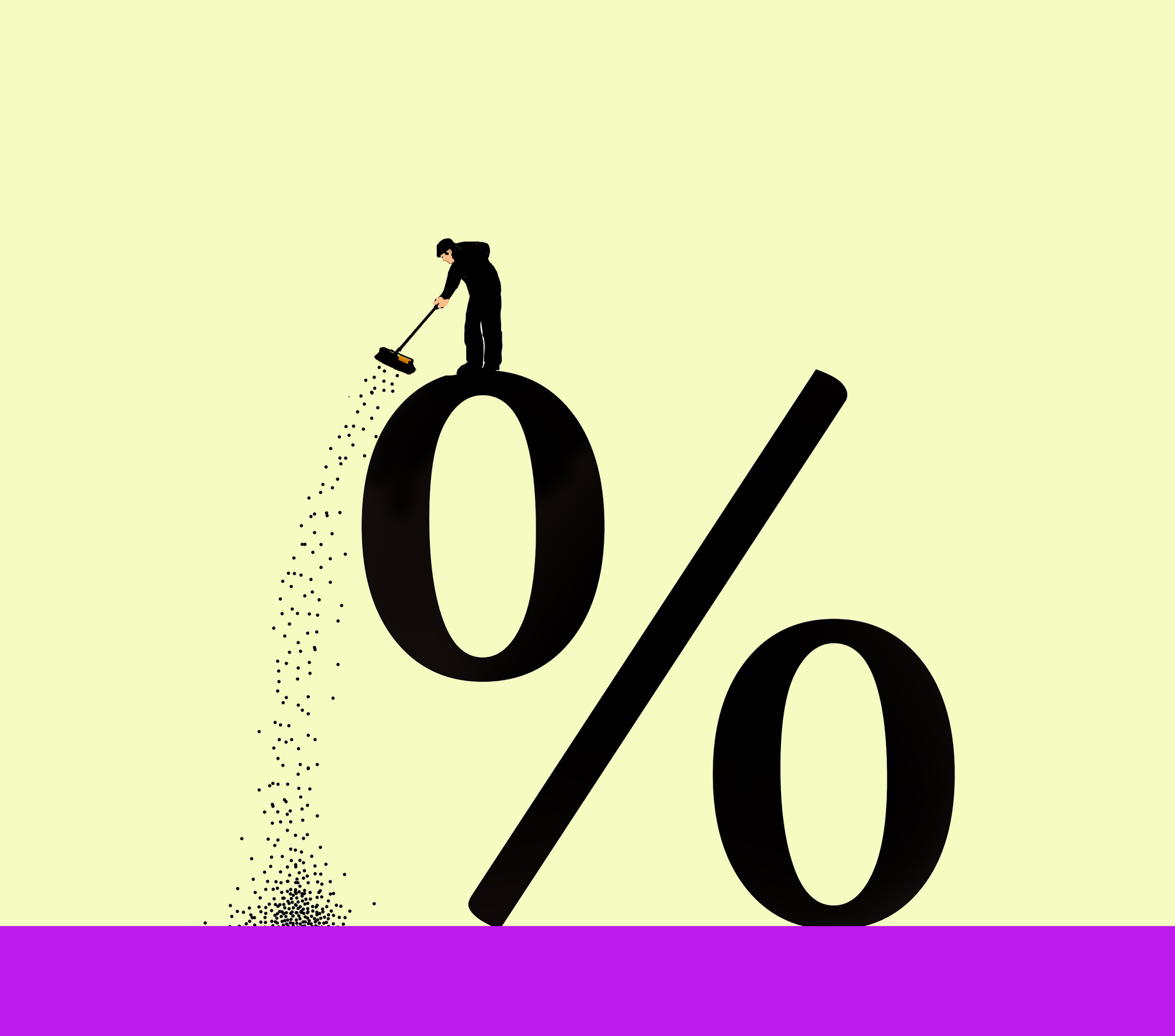 digital image of man sweeping dust off oversized percentage symbol with yellow background
