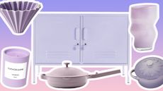 A pink-purple graphic with selection of purple home decor items