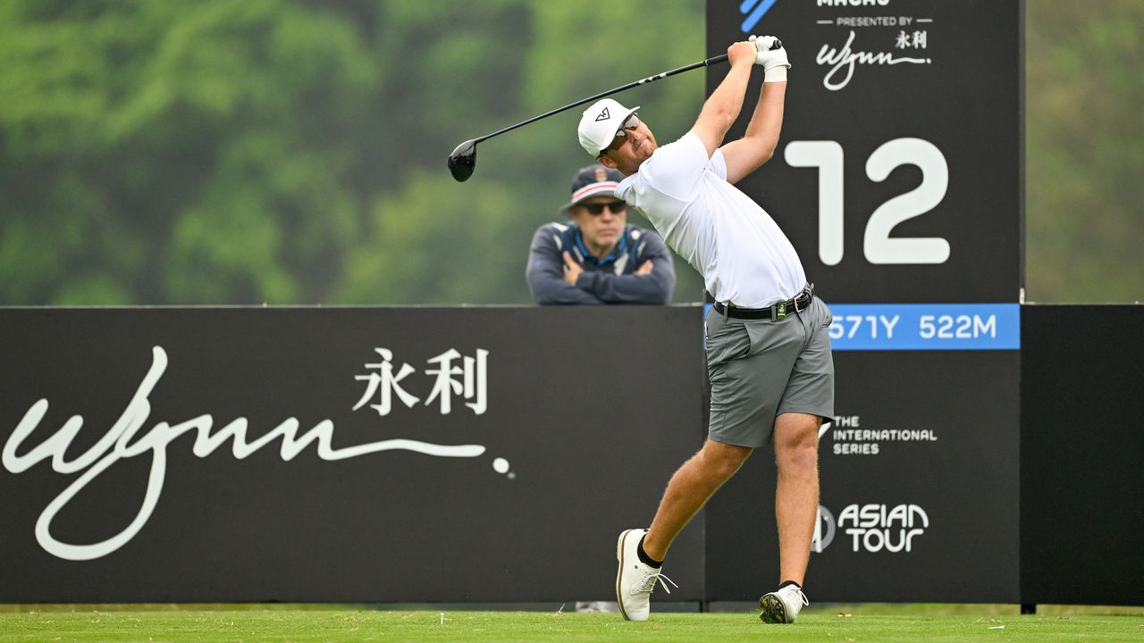 Andy Ogletree hits a drive at the International Series Macau in March 2024