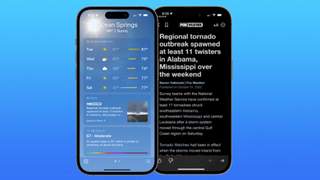 Screenshots showing the regional Weather news stories feature in iOS 16.2 beta