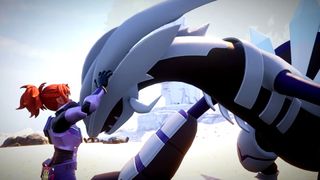 Palworld screenshot showing a young woman with tied-back bright red hair and purple armor petting her Pal, a large white and purple Xenogard