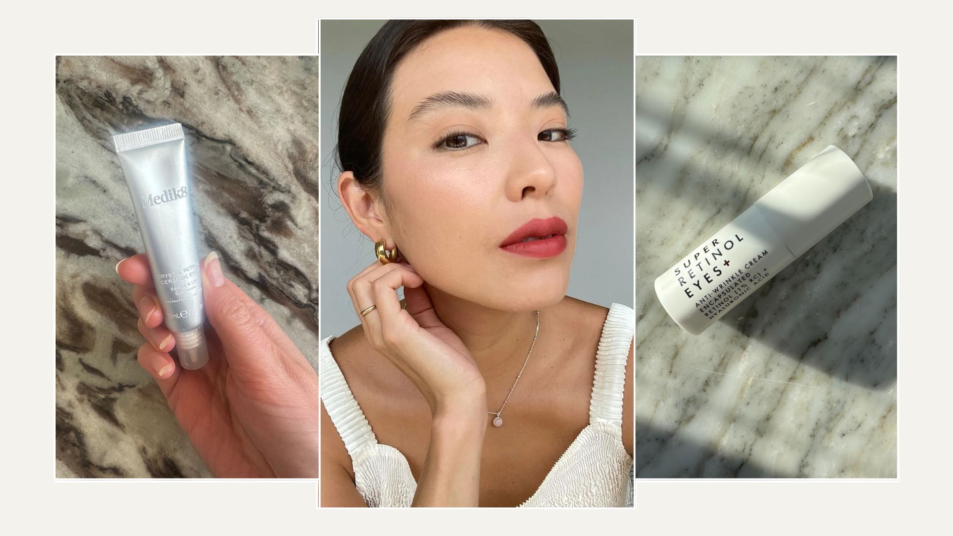 A graphic of the best eye creams for dark circles and a selfie of a beauty influencer