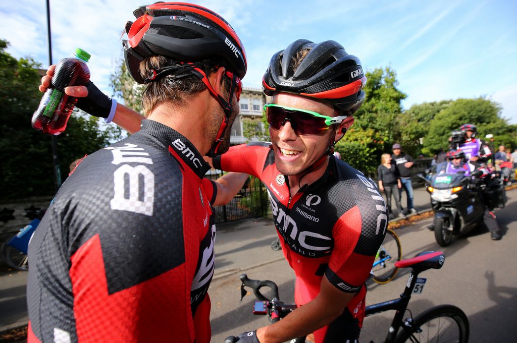 BMC's Rohan Dennis celebrates his stage win with a teammate