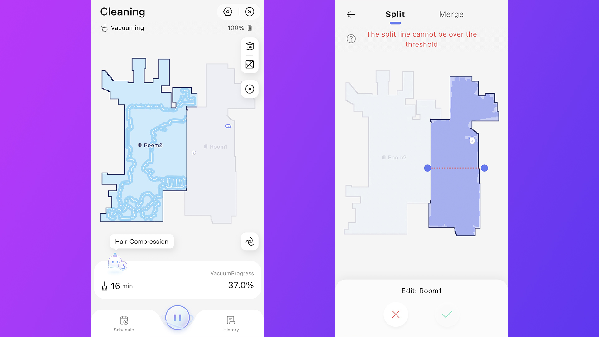 Screenshots from Narwal Freo X Plus robot vacuum and mop app