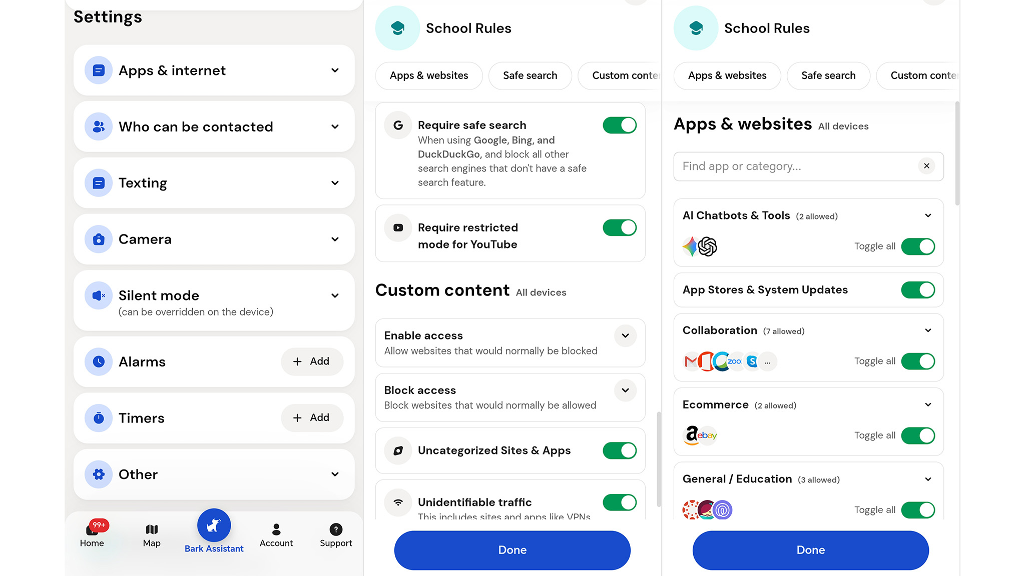 A selection of restrictions and controls in the Bark parental controls app