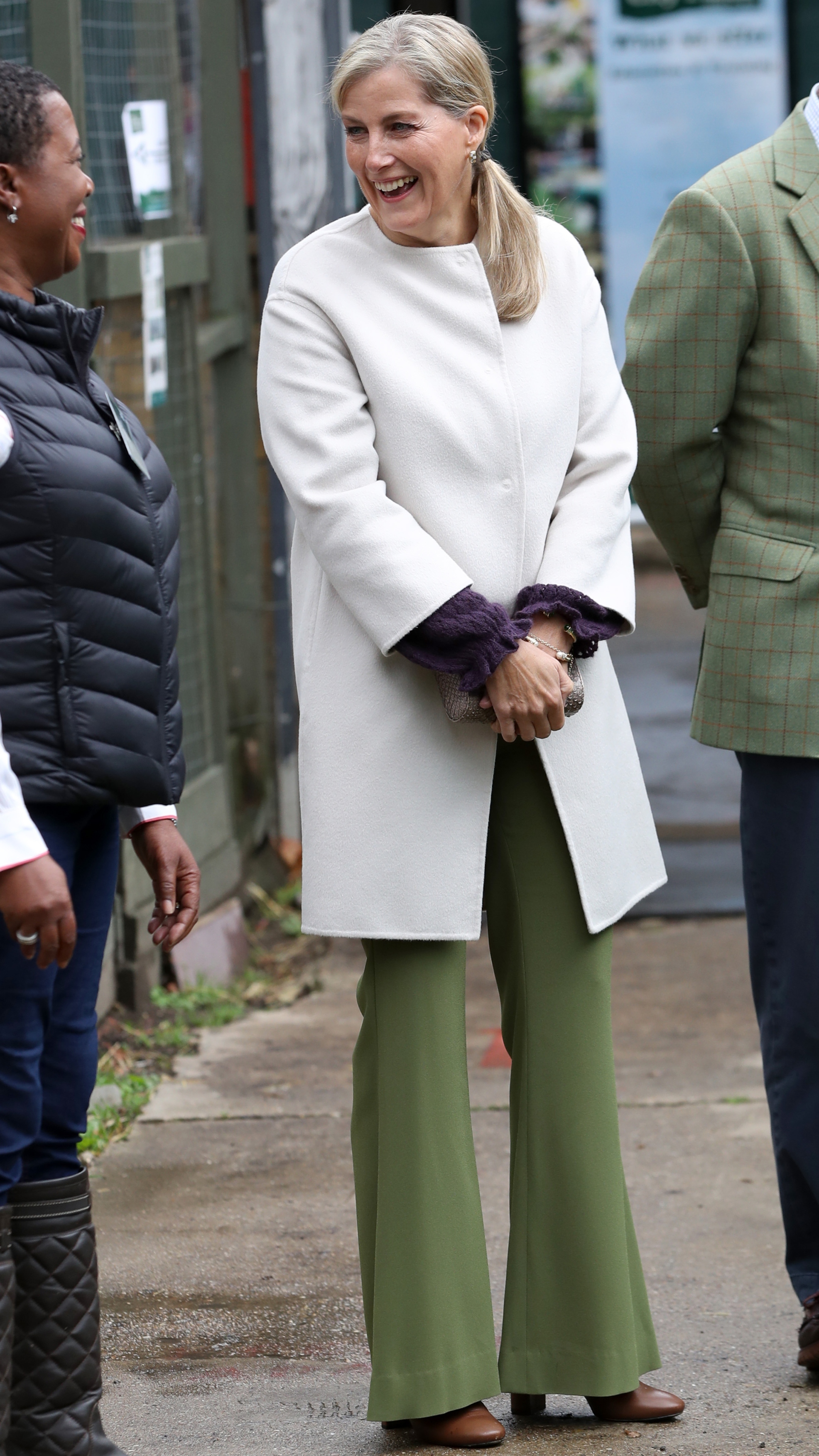 Sophie, Duchess of Edinburgh laughs with CEO Monica Tyler as she visits Vauxhall City Farm with Prince Edward on October 01, 2020