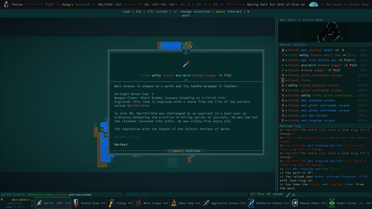 Inspecting a dagger in Caves of Qud, which has an engraving detailing a duel between one of Qud's sultans and a political aspirant, after which the sultan had the defeated claimant "launched into orbit."