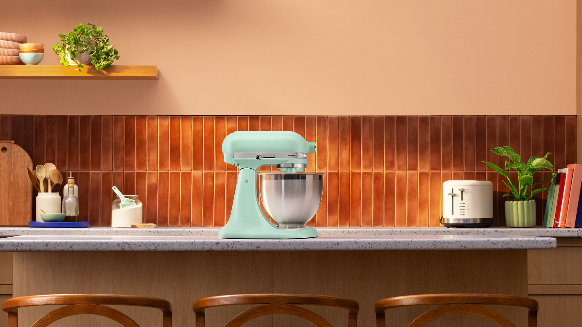 Retro kitchen with brown vertical wall tiles used as a splashback with a KitchenAid stand mixer to show the kitchenAid colour of the Year 2026