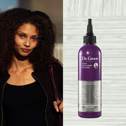a woman with dark curly hair in a black jacket next to a gray background with a purple bottle of Korean hair care