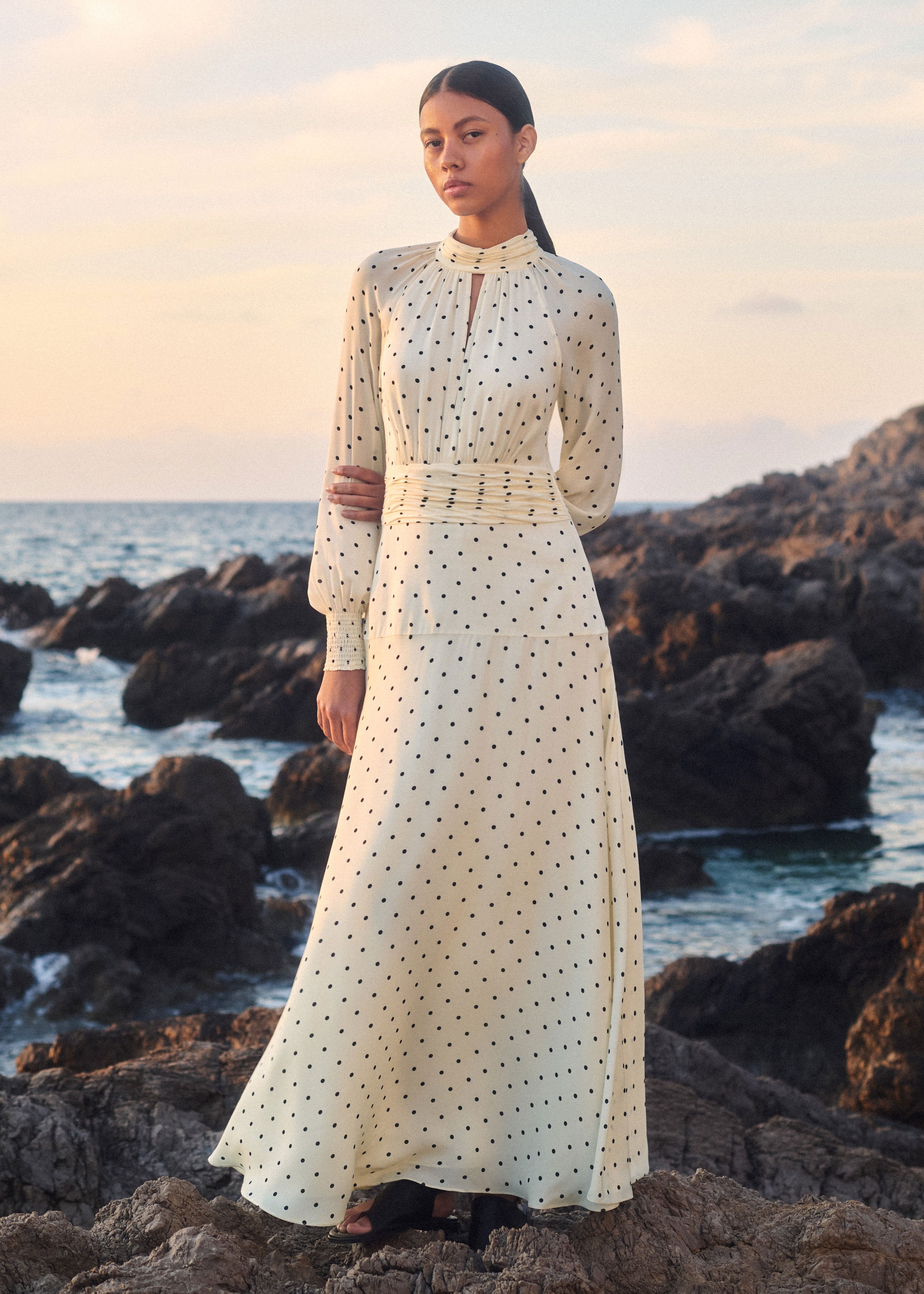 Silk Polka Dot Maxi Dress + Corsage