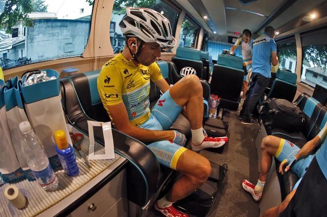 Vincenzo Nibali (Astana) puts his shoes on one at a time, just like you or me