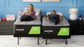 Two people lying on GhostBed Luxe single beds