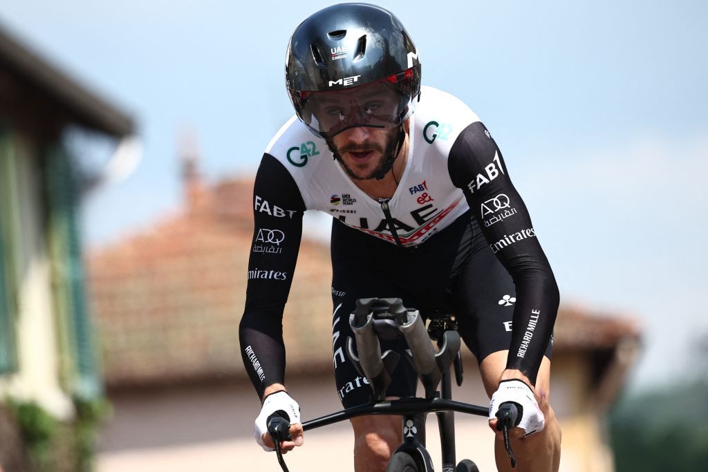 UAE Team Emirates British rider Adam Yates competes in the fourth stage of the 75th edition of the Criterium du Dauphine cycling race individual time trial 311km between Cours to Belmont de La Loire France on June 7 2023 Photo by AnneChristine POUJOULAT AFP Photo by ANNECHRISTINE POUJOULATAFP via Getty Images