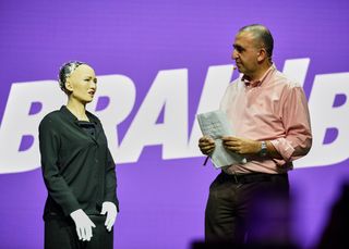 The world&#039;s first robot citizen, Sophia speaks at the Brain Bar festival in Budapest, Hungary.