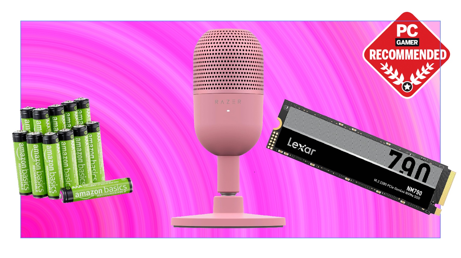 Amazon Basics batteries, Razer Seiren V3 Mini microphone, Lexar NM790 SSD