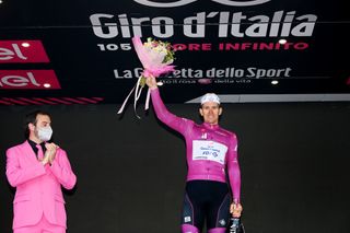 LAVARONE ITALY MAY 25 Arnaud Demare of France and Team Groupama FDJ celebrates winning the purple points jersey on the podium ceremony after the 105th Giro dItalia 2022 Stage 17 a 168 km stage from Ponte di Legno to Lavarone 1161m Giro WorldTour on May 25 2022 in Lavarone Italy Photo by Tim de WaeleGetty Images