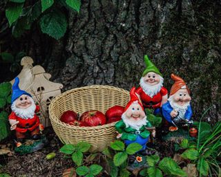 garden gnomes sitting together under a tree