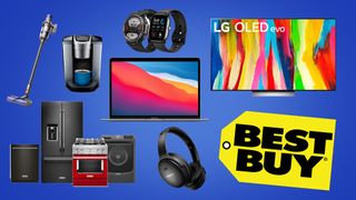 Best Buy logo and various tech products on a blue background