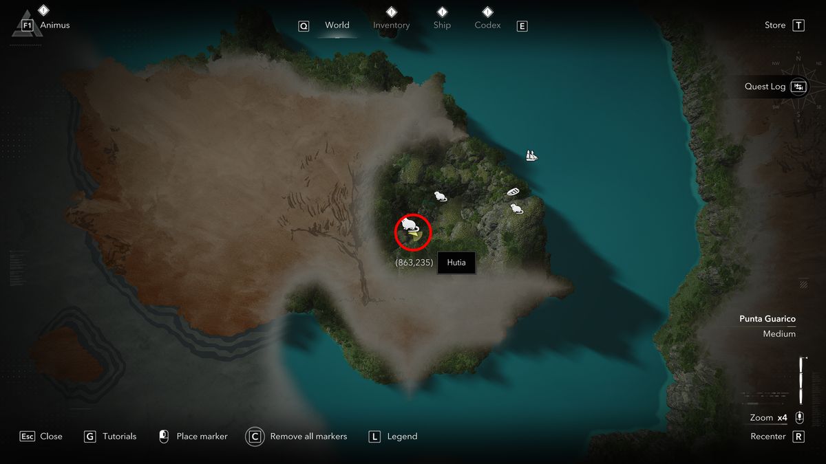 Black Flag treasure maps: A screenshot of the map with a red circle showing the location of the buried treasure chest in Petite Caverne.