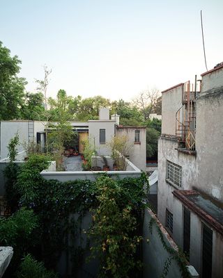 courtyard seen from above in mexican artist's studio and house in mexico city