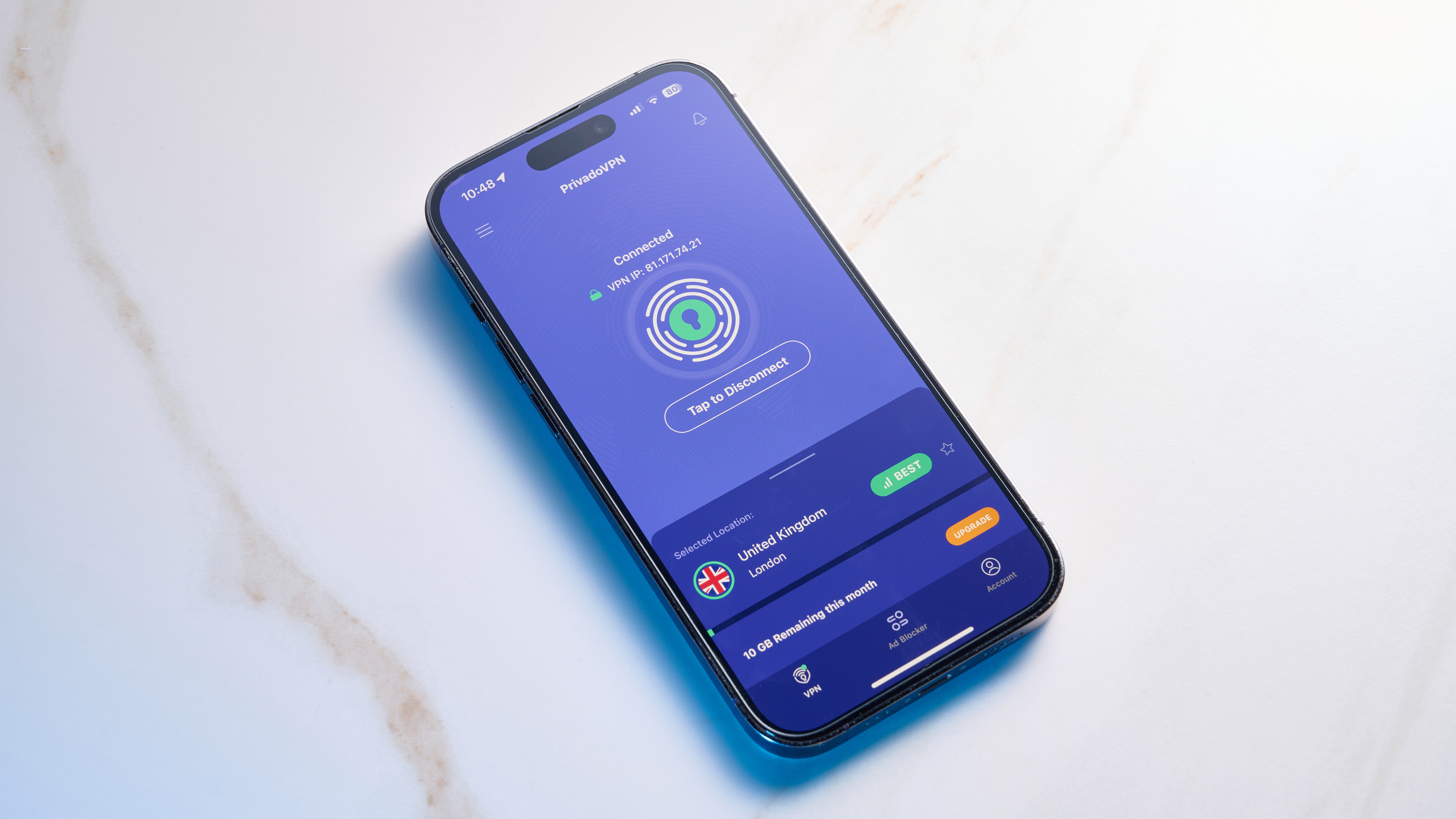 PrivadoVPN free on an iPhone