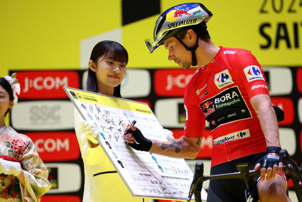 SAITAMA JAPAN NOVEMBER 02 Primoz Roglic of Slovenia and Team Red Bull Bora Hansgrohe Red La Vuelta Leader Jersey prior to the 10th Tour de France Saitama Criterium 2024 Criterium Race a 612km one day race from Saitama to Saitama on November 02 2024 in Saitama Japan Photo by Rhode Van ElsenGetty Images
