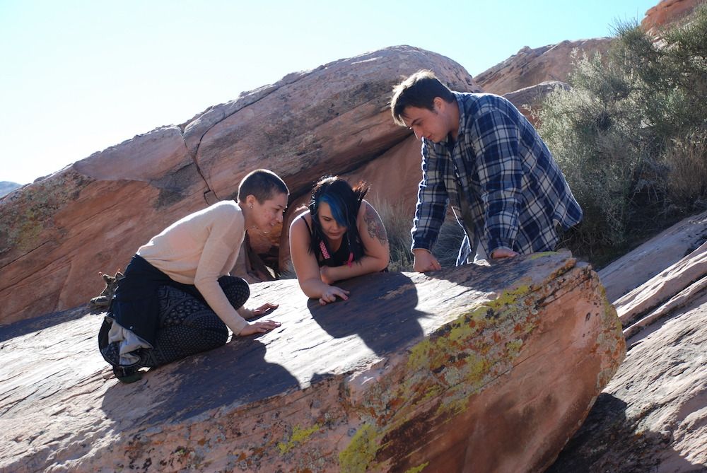 Students looking at Permian trackway