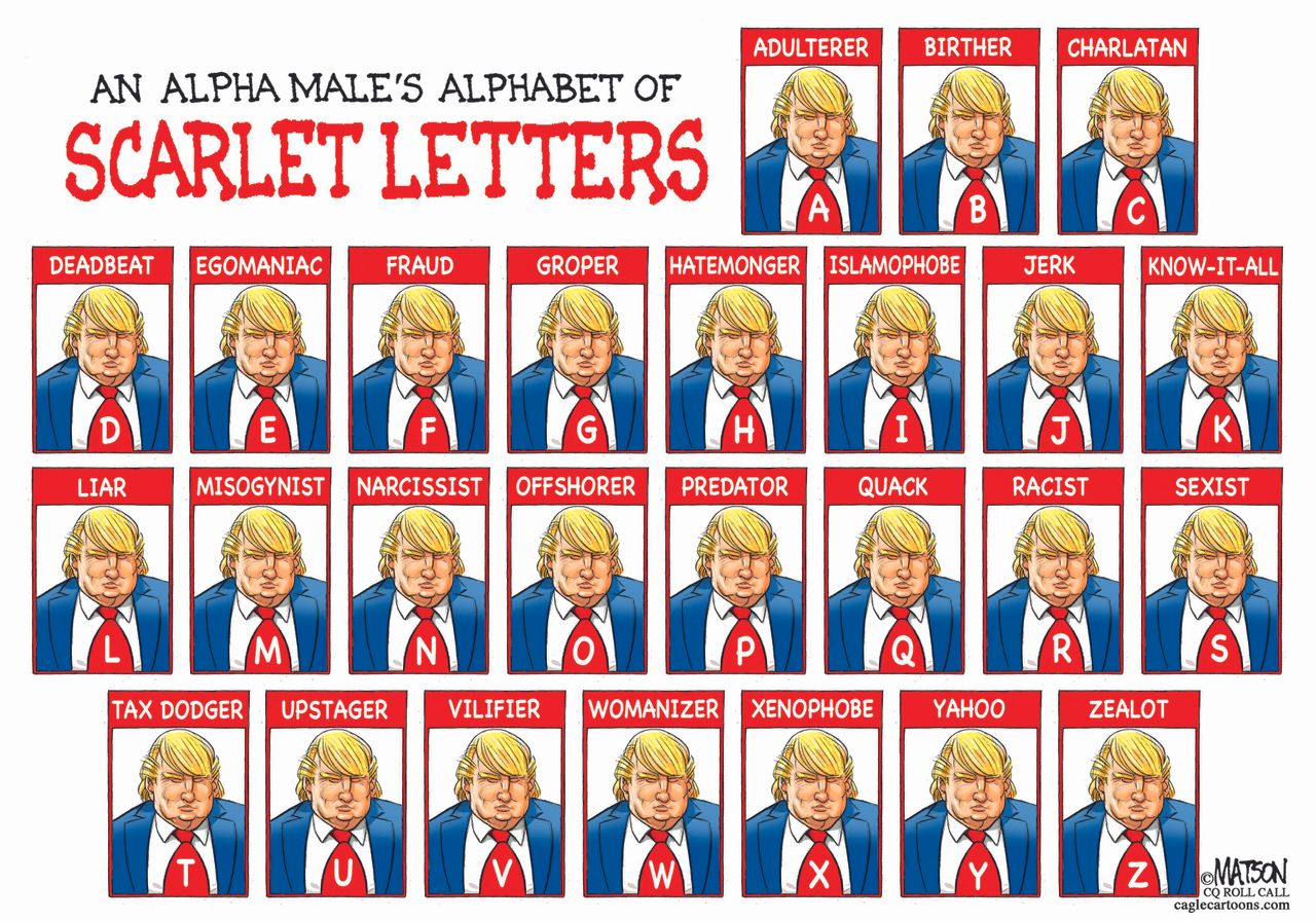 Political cartoon U.S. 2016 election Donald Trump scarlet letters