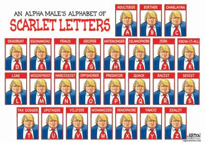 Political cartoon U.S. 2016 election Donald Trump scarlet letters