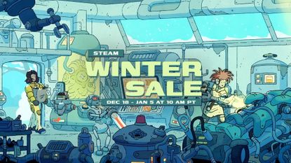 Steam Winter Sale 2025 banner showing official artwork of people in a futuristic setting tending to robots, with the sales dates showing - December 18 - January 5 at 10am PT