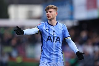 Timo Werner of Tottenham Hotspur gestures during the Emirates FA Cup Third Round match between Tamworth and Tottenham Hotspur at The Lamb Ground on January 12, 2025 in Tamworth, England.