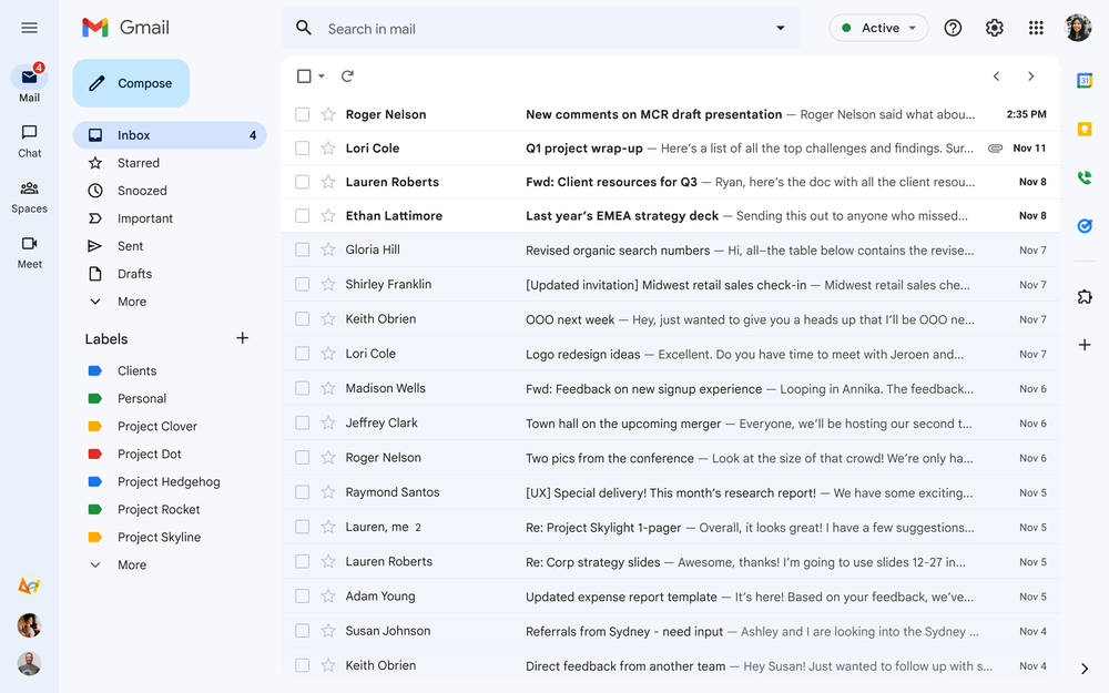Screenshot of Gmail's new design for its interface