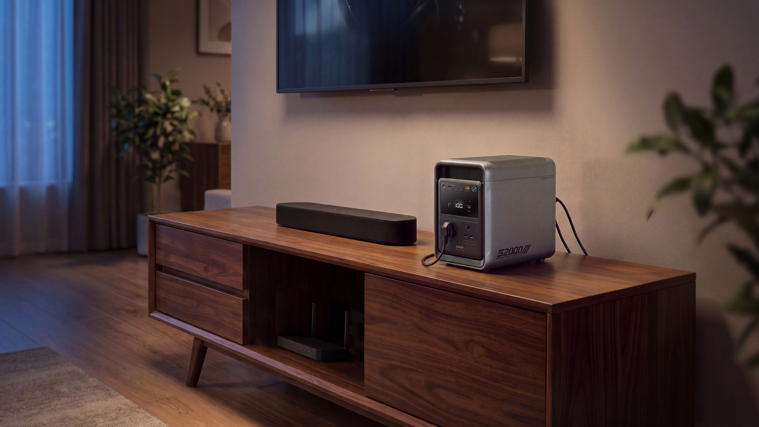 Anker SOLIX on wooden media unit under wall-mounted TV
