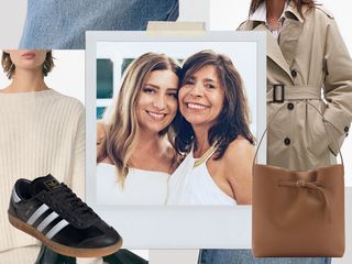 Collage of a mom and daughter along with a ribbed sweater, black Adidas sneakers, a tan Mango tote bag, and Topshop trench coat.